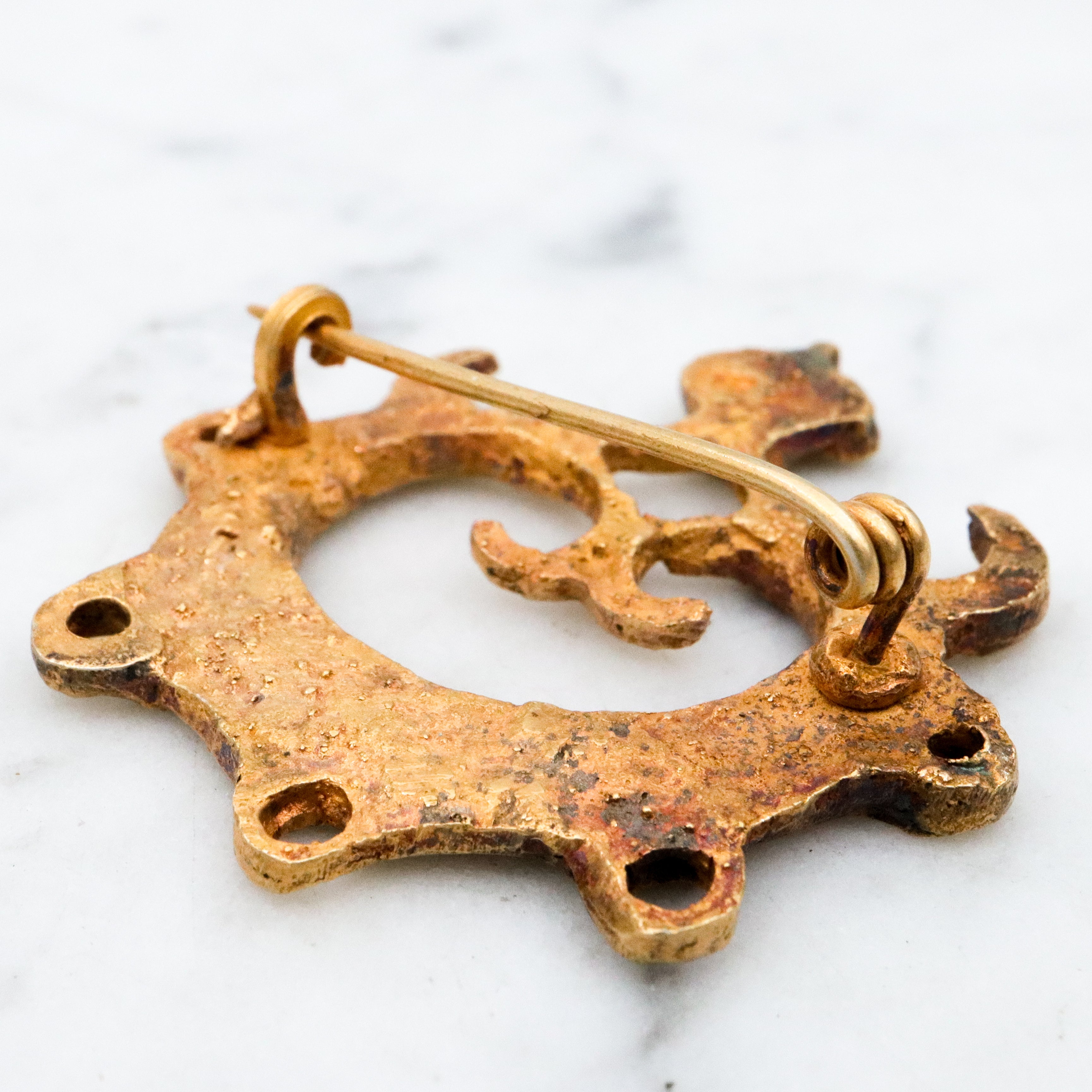 Vintage Pre-Columbian ancient artifact replica gold plated sand cast sterling brooch